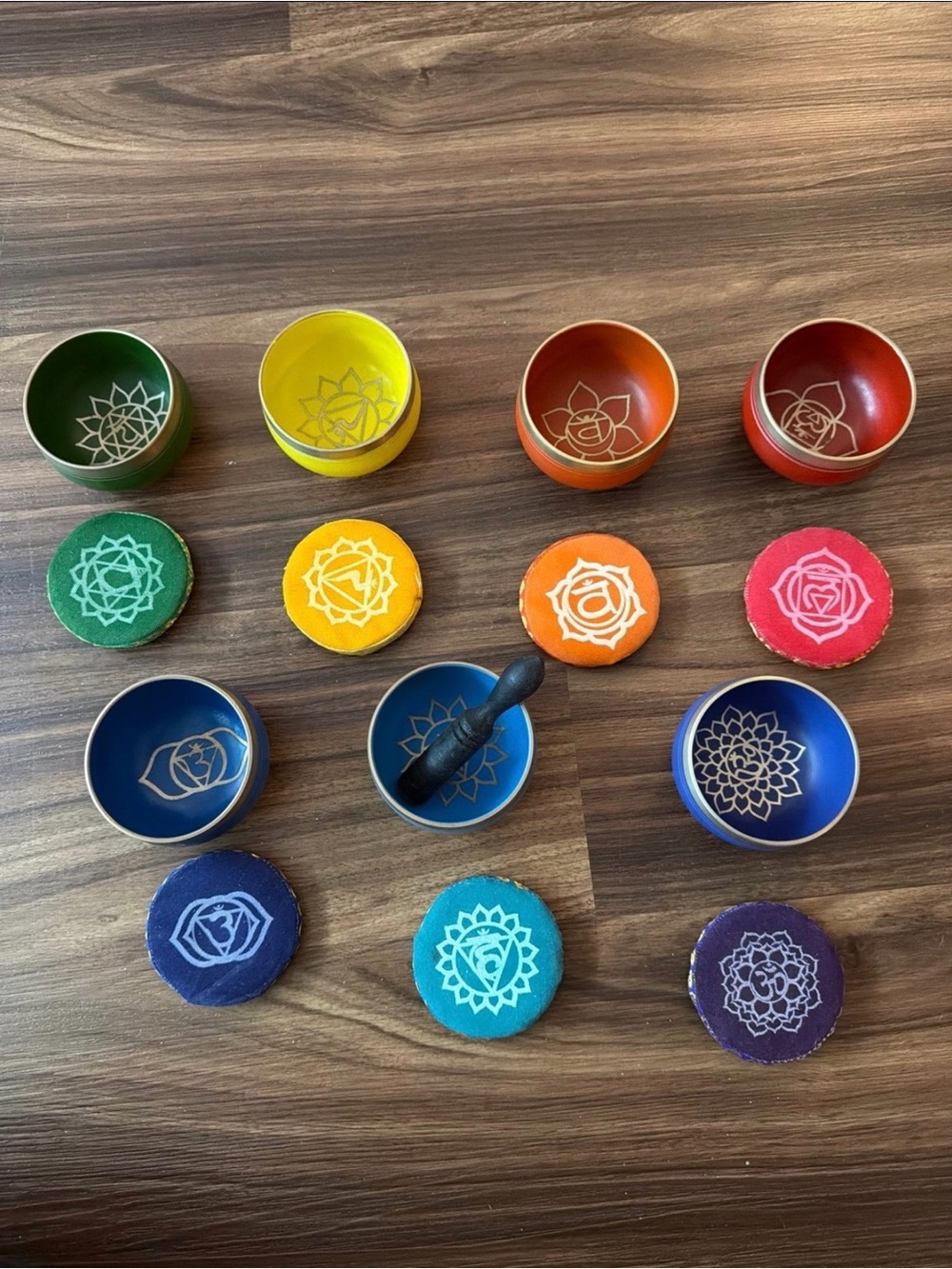 Set of 7 Colorful Chakra Singing Bowls with Cushions